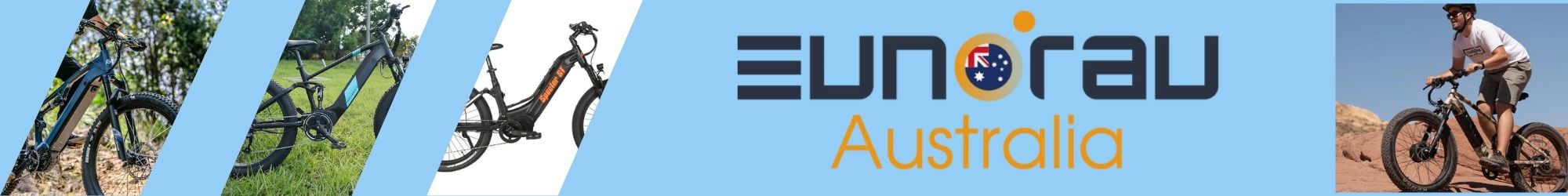 Eunorau Australia banner featuring a variety of high-quality e-bikes and a rider navigating rugged terrain, symbolising health, fitness, and sustainable transport. Visit www.waiteandsea.com.au for details.