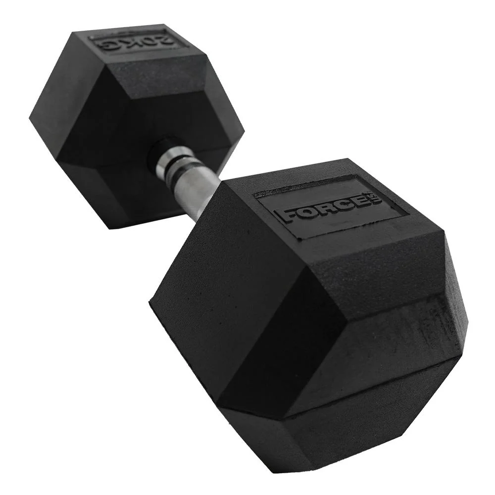 Close-up of Force USA rubber hex dumbbell, featuring a durable rubber finish and ergonomic steel grip Ideal for health and fitness workouts and strength training Shop now at www.waiteandsea.com.au