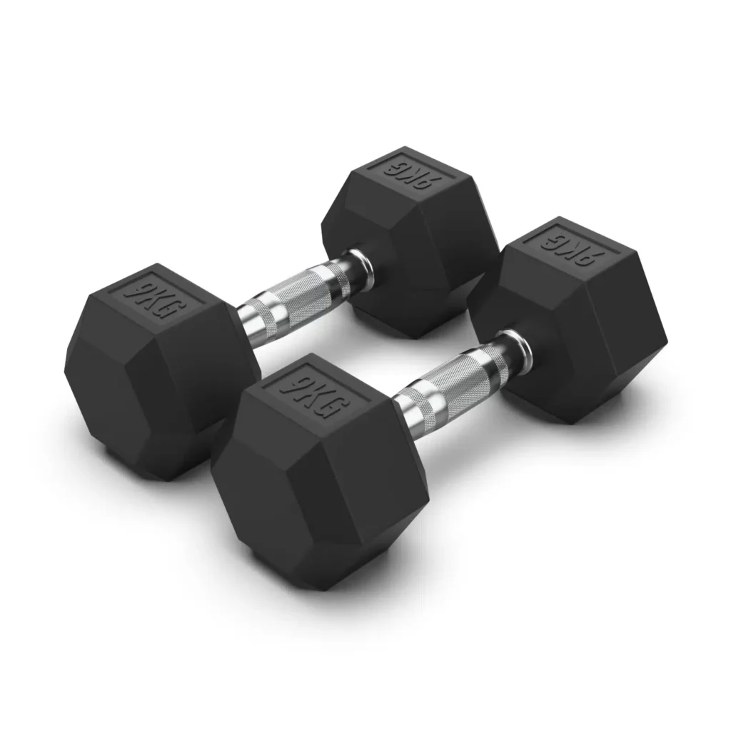 Pair of 9kg rubber hex dumbbells with durable rubber coating and knurled steel handles Perfect for health and fitness strength training workouts