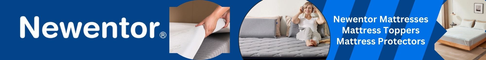 Banner featuring Newentor mattresses, mattress toppers, and mattress protectors with a focus on comfort, quality, and modern bedroom aesthetics. Explore more at www.waiteandsea.com.au.