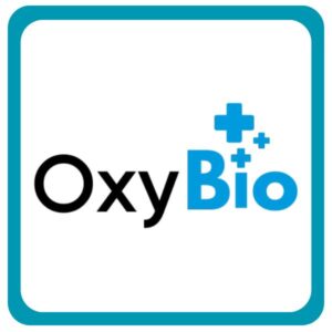 OxyBio logo featuring a clean black and blue design with a plus symbol to emphasise health and wellness. Relevant for health and fitness.
