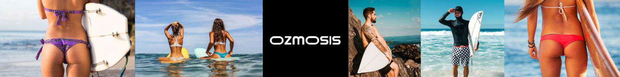 Ozmosis banner showcasing surfwear and swimwear with vibrant beach vibes, promoting health and fitness for an active lifestyle.