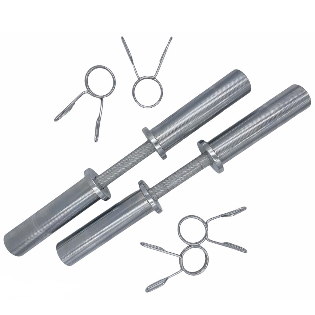 Pair of Olympic dumbbell handles with spring collars, designed for strength training and weightlifting. Ideal for health and fitness enthusiasts. Visit www.waiteandsea.com.au.