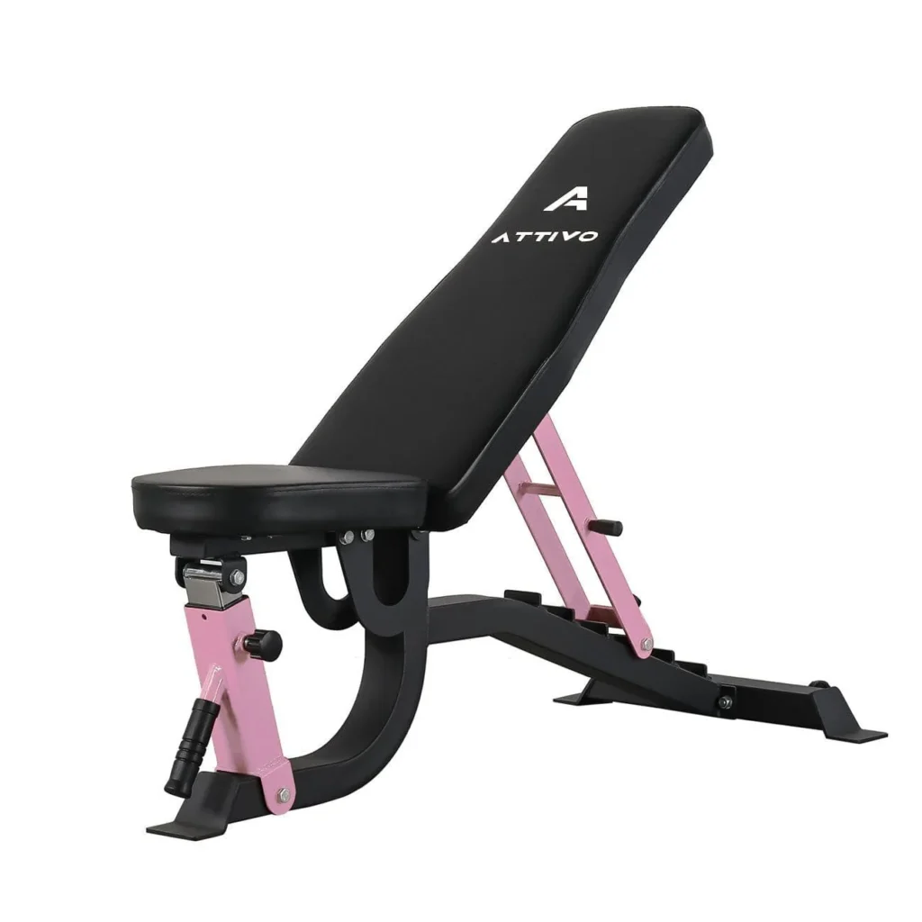 Pink adjustable weight bench from ATTIVO designed for versatile home workouts, featuring incline and flat positions. Ideal for health and fitness enthusiasts. Visit www.waiteandsea.com.au for more details.