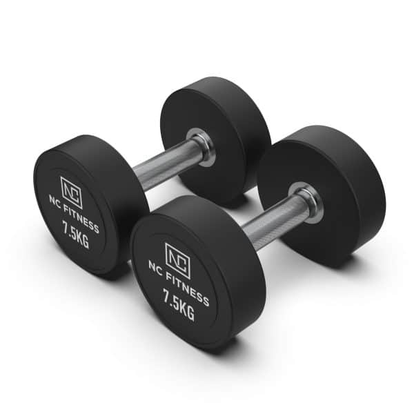 Pair of NC Fitness 7.5kg polyurethane dumbbells with steel handles, ideal for strength training Durable and designed for health and fitness workouts