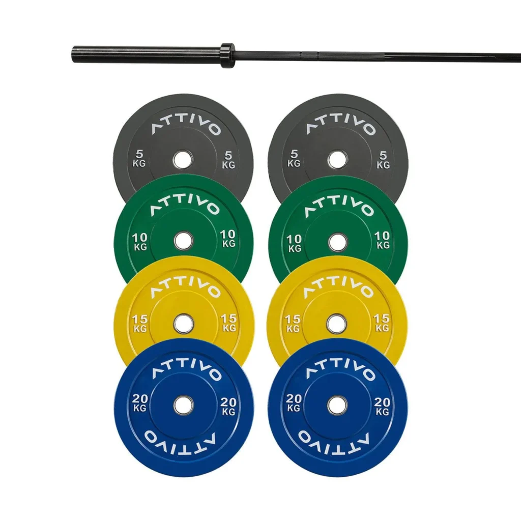 ATTIVO Colour Bumper Plate Set with Barbell featuring vibrant, colour-coded weights for strength training, ideal for health and fitness enthusiasts. Available at www.waiteandsea.com.au.