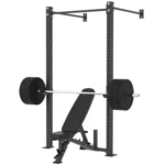 A heavy-duty power rack with an adjustable bench and weightlifting barbell, ideal for strength training and fitness enthusiasts, available at www.waiteandsea.com.au.