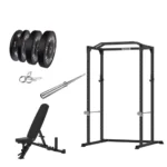Vulcan Home Gym Power Cage package with Olympic barbell, 100kg black bumper weight plates, and pro adjustable bench, ideal for strength training and fitness enthusiasts.