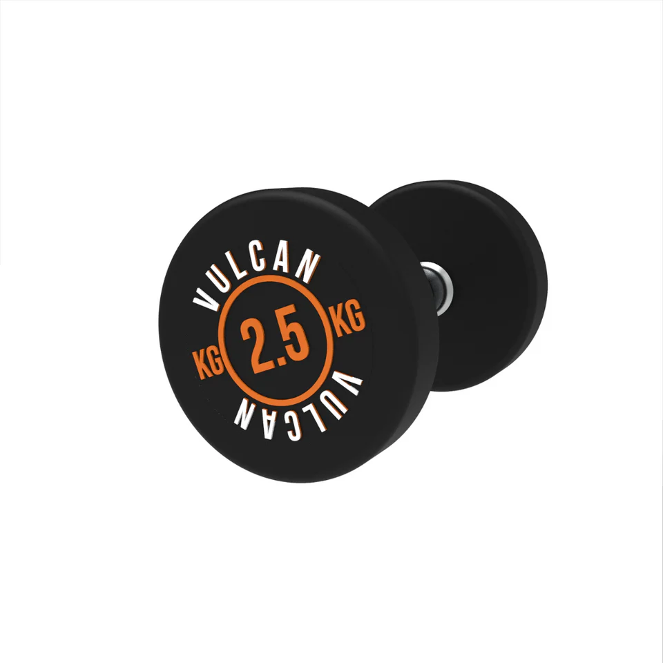 Close-up of Vulcan Fitness 2.5kg rubber dumbbell Durable and compact, ideal for light strength training exercises Available at www.waiteandsea.com.au