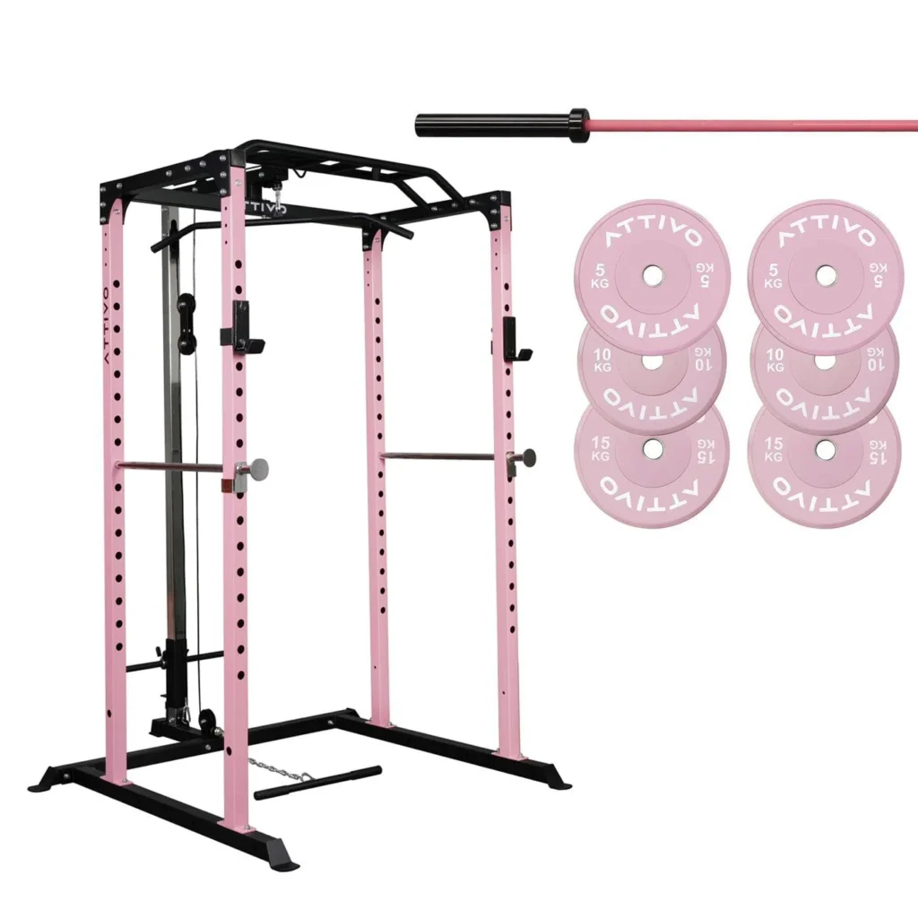 Pink ATTIVO Essential Garage Gym Package Includes a pink power rack, barbell, and bumper plates Perfect for health and fitness enthusiasts creating a stylish and functional home gym setup Find it at www.waiteandsea.com.au