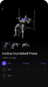 Graphic display of an Incline Dumbbell Press exercise with 3 sets of 12 reps and 25kg, showcasing muscle engagement and proper form for health and fitness. Visit www.waiteandsea.com.au to learn more.