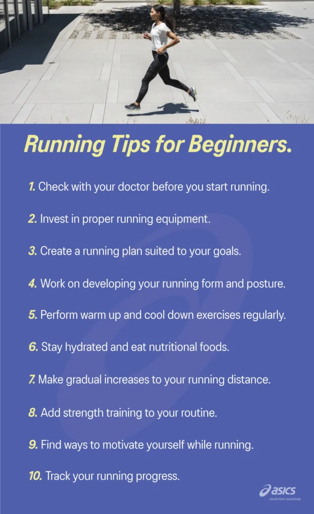 Infographic featuring a woman running with 10 tips for beginner runners, including proper gear, hydration, strength training, and progress tracking.

