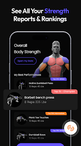 Mobile interface showcasing strength performance metrics, body strength rankings, and best performances in fitness tracking. Visit www.waiteandsea.com.au for innovative health and fitness solutions.