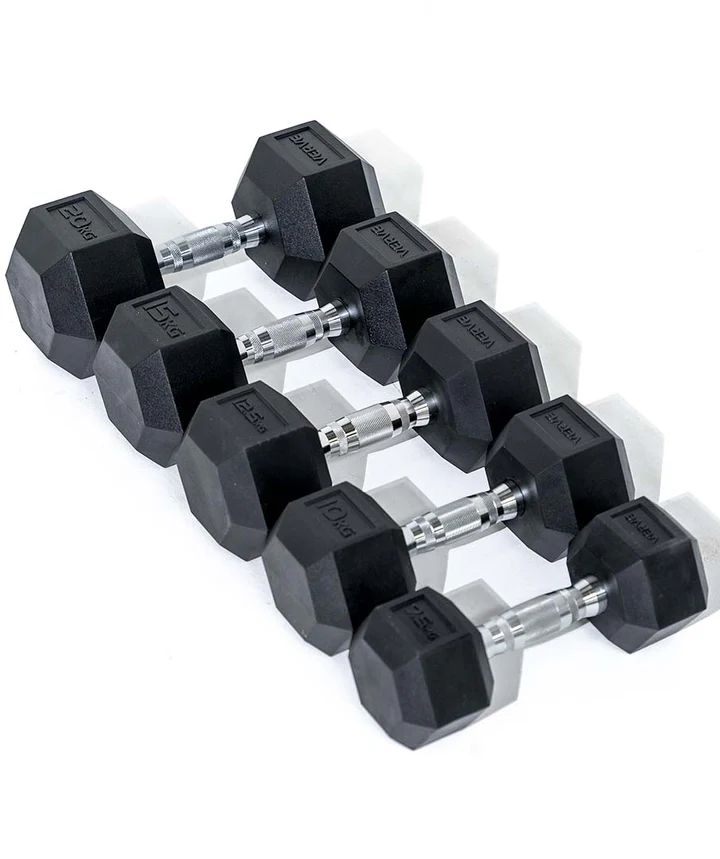 VERVE Hex Dumbbell Set - Premium set of rubber-coated dumbbells for strength training. Perfect for gyms and home workouts. Health and fitness essential.