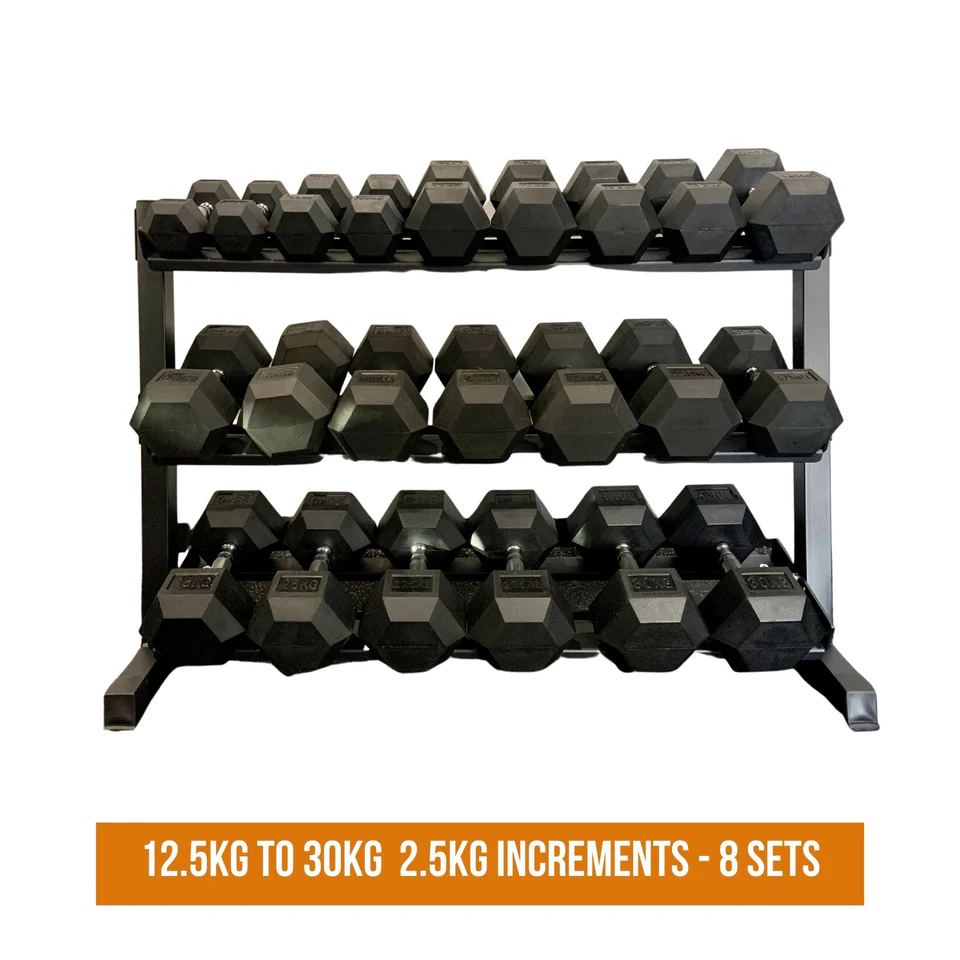 Complete hex dumbbell set ranging from 12.5kg to 30kg in 2.5kg increments, stored on a three-tier rack. Ideal for strength training and health and fitness workouts. Available at www.waiteandsea.com.au.