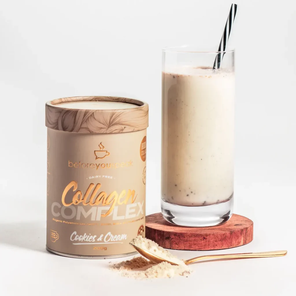 Beforeyouspeak Collagen Complex Cookies & Cream – a dairy-free collagen supplement packed with bioavailable collagen, vitamins, and hyaluronic acid to support skin, hair, nails, and joint health. Available now at www.waiteandsea.com.au.