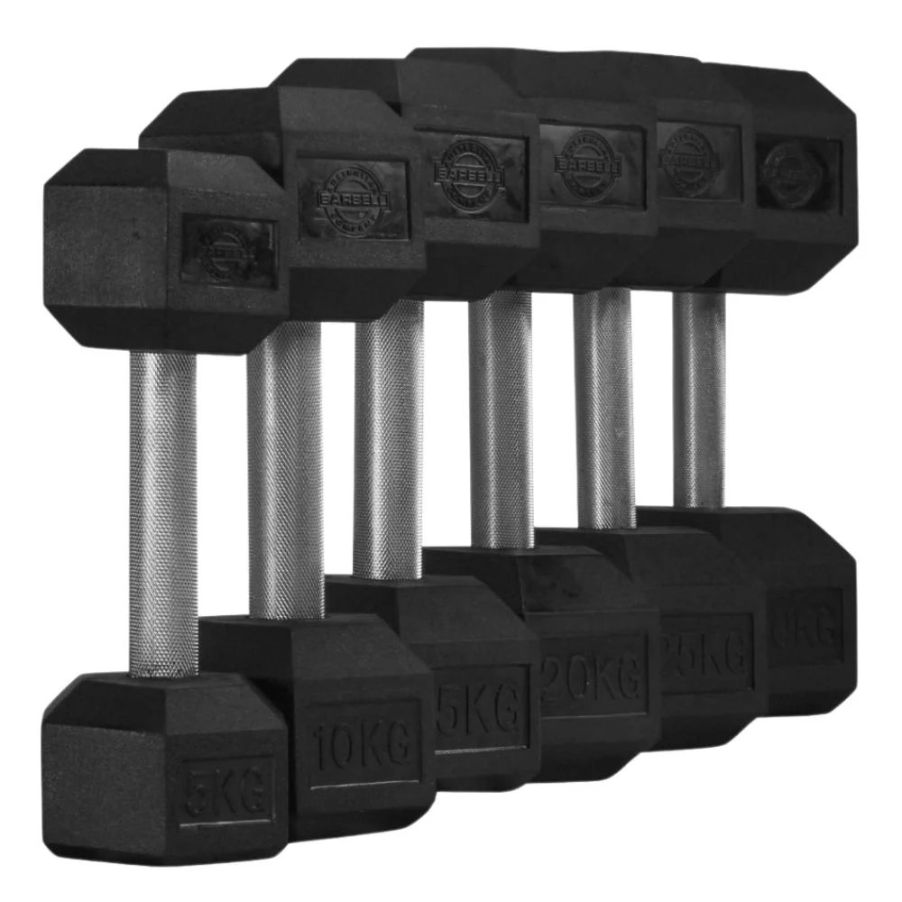 Hex rubber dumbbells with a knurled chrome handle, designed for a secure grip and versatile strength training. A must-have for health and fitness. Available at www.waiteandsea.com.au.