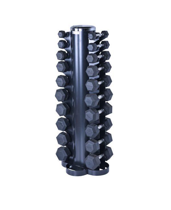 Compact vertical dumbbell rack with a set of hex dumbbells, perfect for health and fitness training. Designed for space-saving home gyms and commercial setups. Available at www.waiteandsea.com.au.