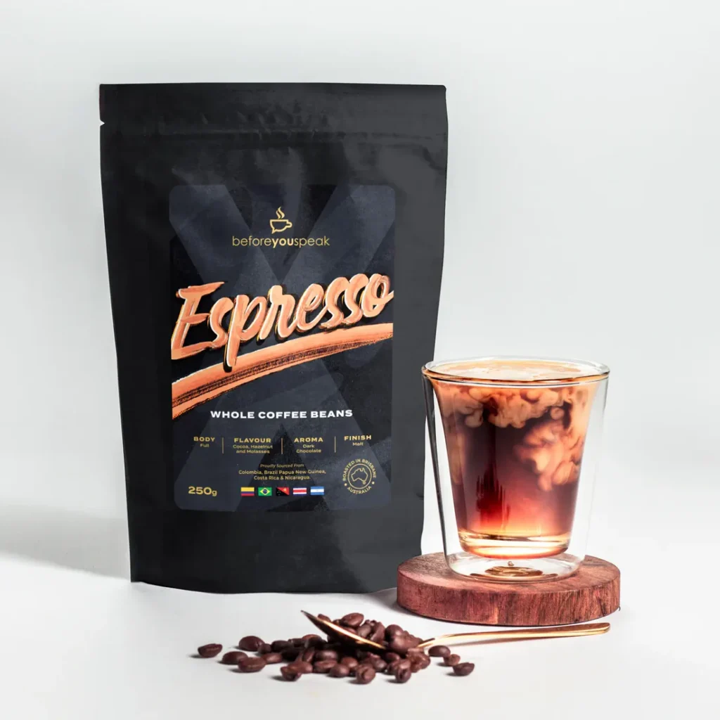 Beforeyouspeak Espresso Whole Coffee Beans – a bold, full-bodied espresso blend with chocolate and caramel notes, crafted for rich aroma and smooth flavour. Perfect for home baristas and coffee lovers. Available at www.waiteandsea.com.au.