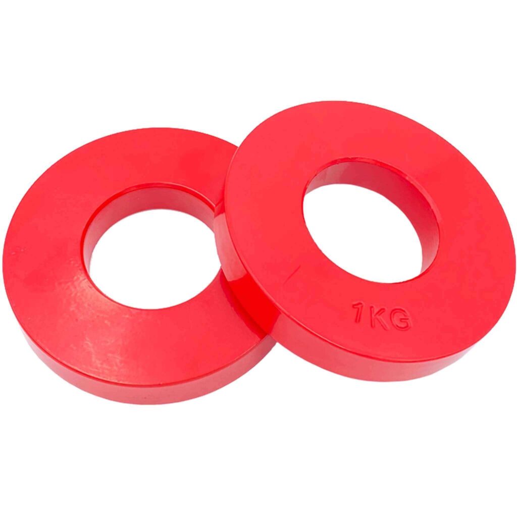 A pair of red 1KG fractional weight plates for precise strength training adjustments, ideal for progressive overload in health and fitness routines.