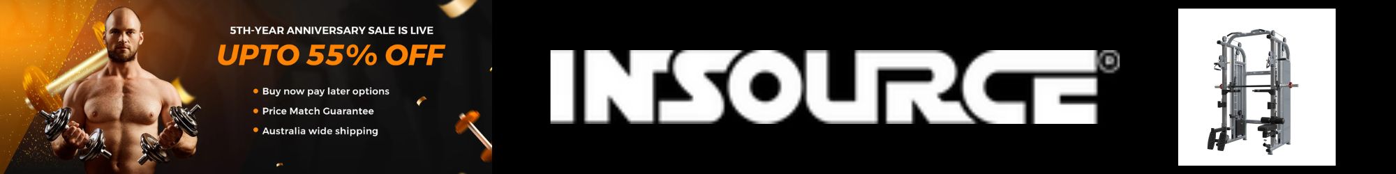 INSOURCE fitness banner showcasing a 5th-year anniversary sale with up to 55% off on premium gym equipment, including dumbbells and weightlifting machines.