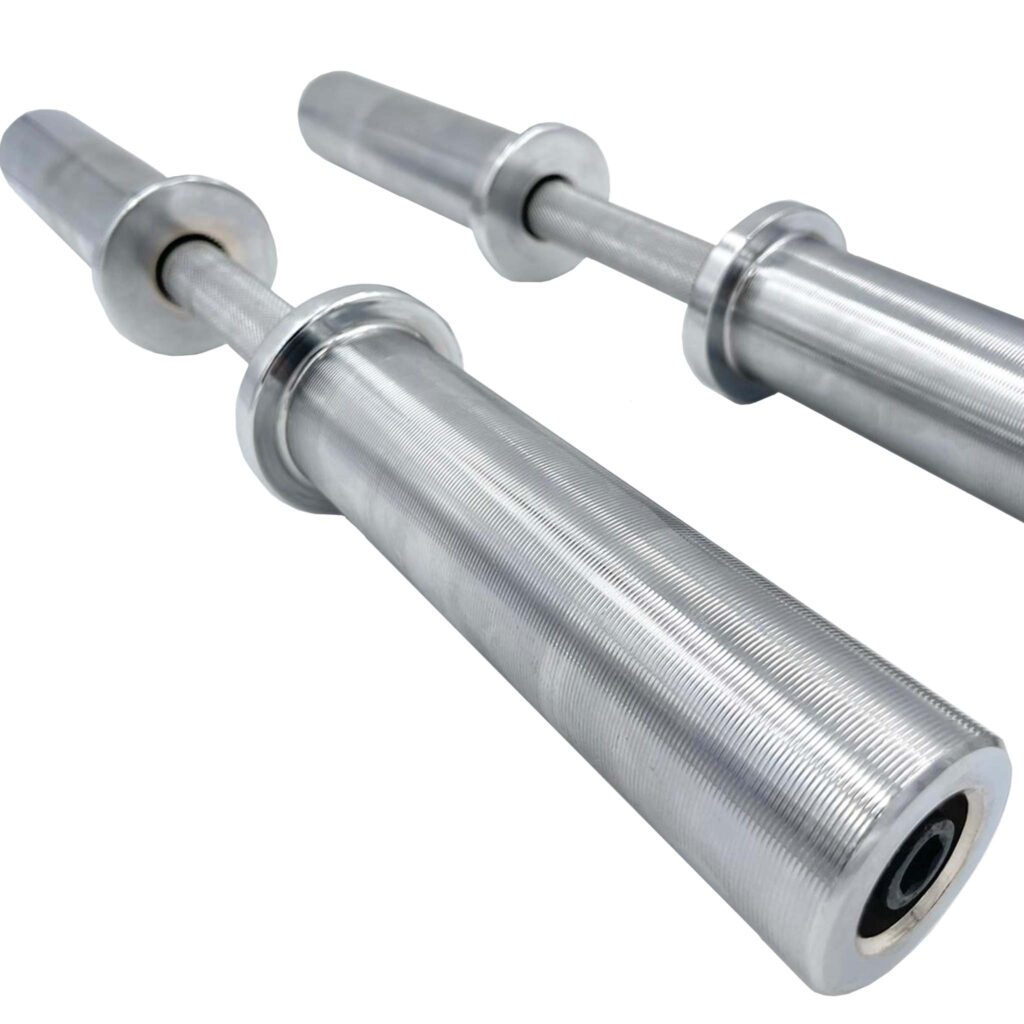 Close-up view of high-quality Olympic dumbbell handles made from durable steel with precision knurling for a secure grip. Ideal for health and fitness workouts.