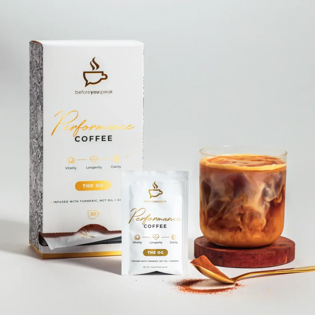 Beforeyouspeak Performance Coffee – The OG, a supercharged coffee blend infused with MCT oil, turmeric, and ginseng for enhanced energy, focus, and vitality. Available now at www.waiteandsea.com.au.