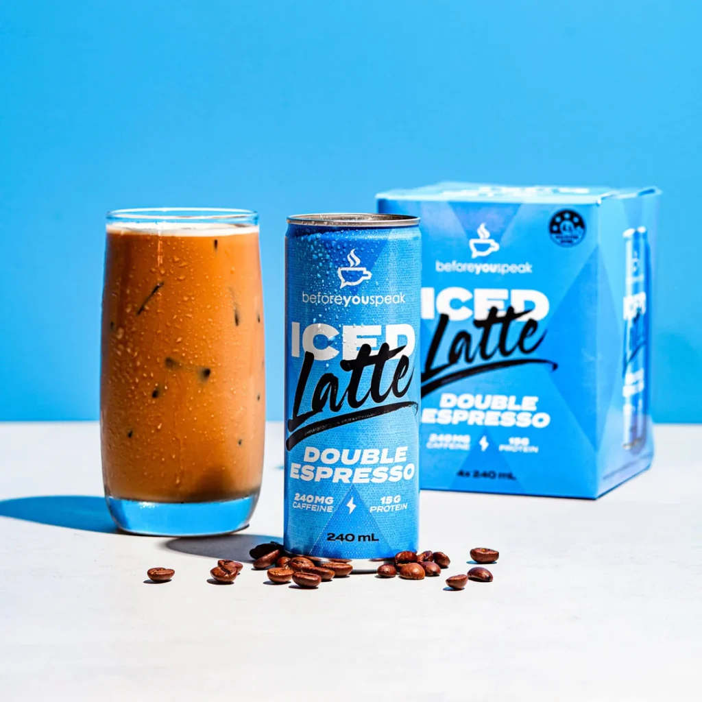 Beforeyouspeak Iced Latte Double Espresso – a ready-to-drink high-performance coffee packed with 240mg caffeine and 15g protein for sustained energy and focus. Perfect for on-the-go coffee lovers. Available now at www.waiteandsea.com.au.