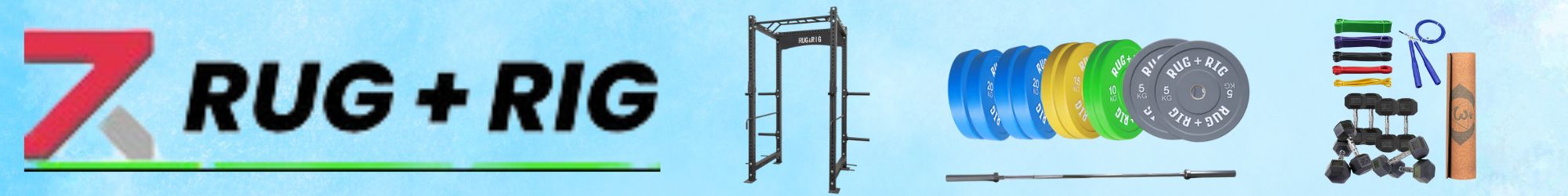 RUG + RIG fitness equipment banner featuring a power rack, bumper plates, barbells, dumbbells, resistance bands, and yoga mat, designed for health and fitness. Available at www.waiteandsea.com.au.