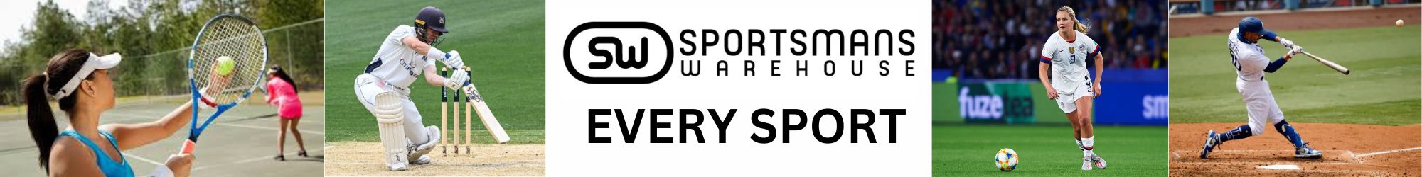 Sportsmans Warehouse promotional banner showcasing a variety of sports, including tennis, cricket, soccer, and baseball. Offering high-quality sports gear and apparel for every sport. Available at www.waiteandsea.com.au.