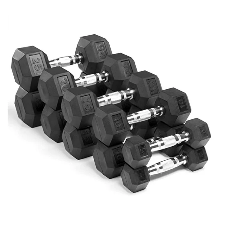Set of black hex dumbbells ranging from 5kg to 25kg, ideal for progressive strength training in home or commercial gyms. Perfect for health and fitness enthusiasts.