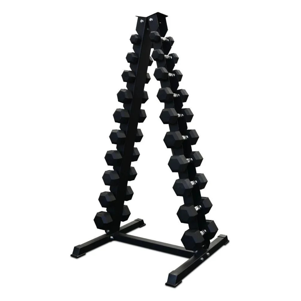 Sturdy A-frame dumbbell rack with included 1-10kg hex dumbbells for organised weight storage. Ideal for health and fitness enthusiasts. Available at www.waiteandsea.com.au.