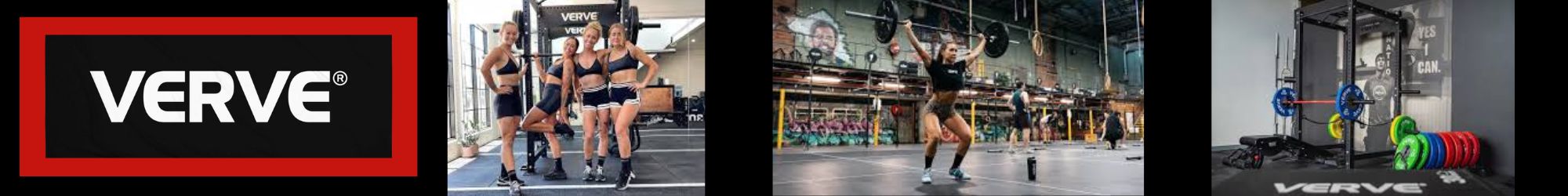 A dynamic Verve Fitness promotional banner showcasing high-quality strength and conditioning equipment, including squat racks, barbells, and bumper plates for health and fitness enthusiasts. Available at www.waiteandsea.com.au.