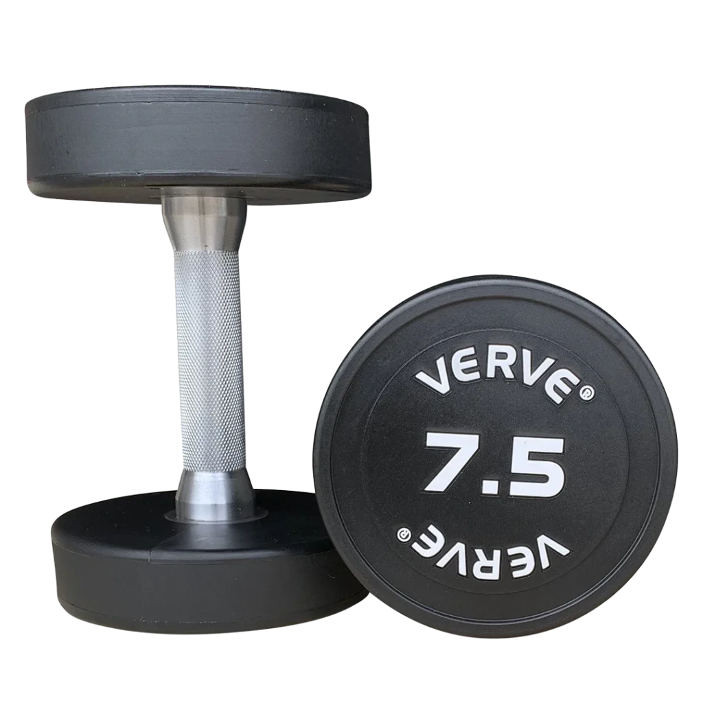 Verve 7.5kg PU dumbbells with a chrome handle, designed for high-performance strength training and fitness.