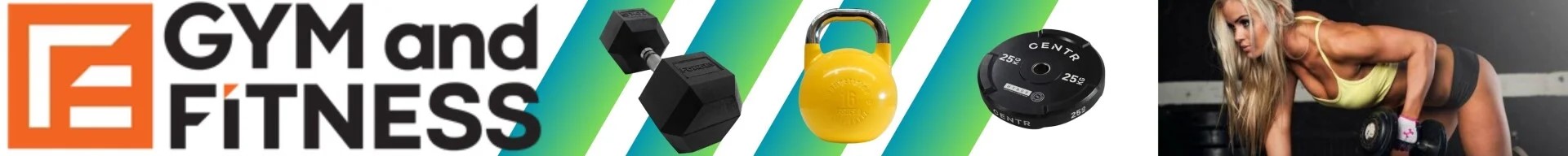 Gym and fitness banner featuring hex dumbbells, kettlebells, weight plates, and a female athlete lifting weights. Perfect for health and fitness enthusiasts. Visit www.waiteandsea.com.au.