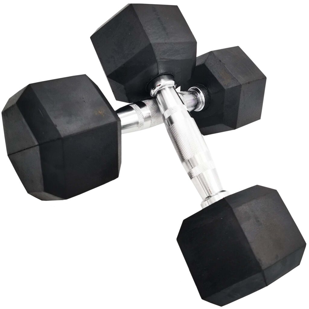 Set of hex dumbbells arranged in a pyramid, showcasing different weights for progressive strength training.