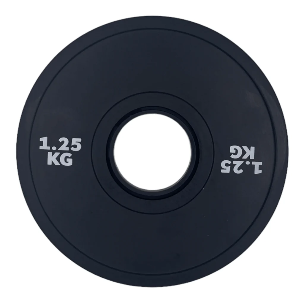 Single 1.25 KG black rubber weight plate, designed for health and fitness workouts. Suitable for Olympic barbells and strength training. Keywords: health and fitness, weightlifting, gym equipment.