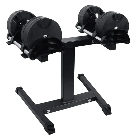 Adjustable dumbbell set with a sturdy stand, perfect for health and fitness enthusiasts looking for space-saving strength training solutions. Visit www.waiteandsea.com.au for premium gym equipment.