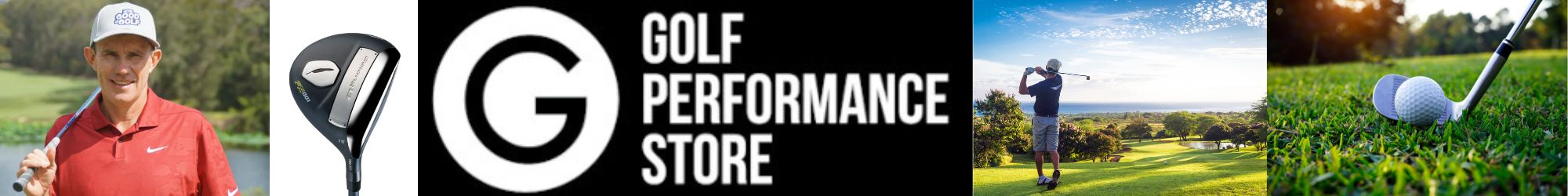 Golf Performance Store banner featuring golf equipment, a professional golfer, and scenic golf course views. High-quality golf clubs and accessories for health and fitness enthusiasts. Visit www.waiteandsea.com.au.