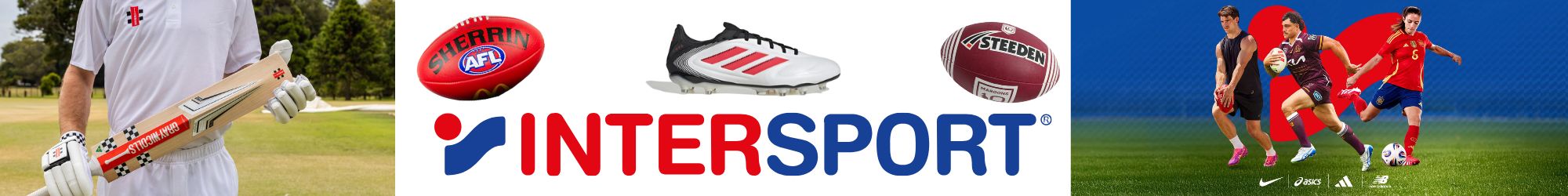 A promotional banner for INTERSPORT featuring various sports equipment, including a cricket bat, an AFL football, soccer boots, a rugby ball, and athletes engaged in different sports. The INTERSPORT logo is displayed along with branding from Nike, Asics, Adidas, and New Balance. Health and fitness enthusiasts can find high-quality gear for their sporting needs. www.waiteandsea.com.au