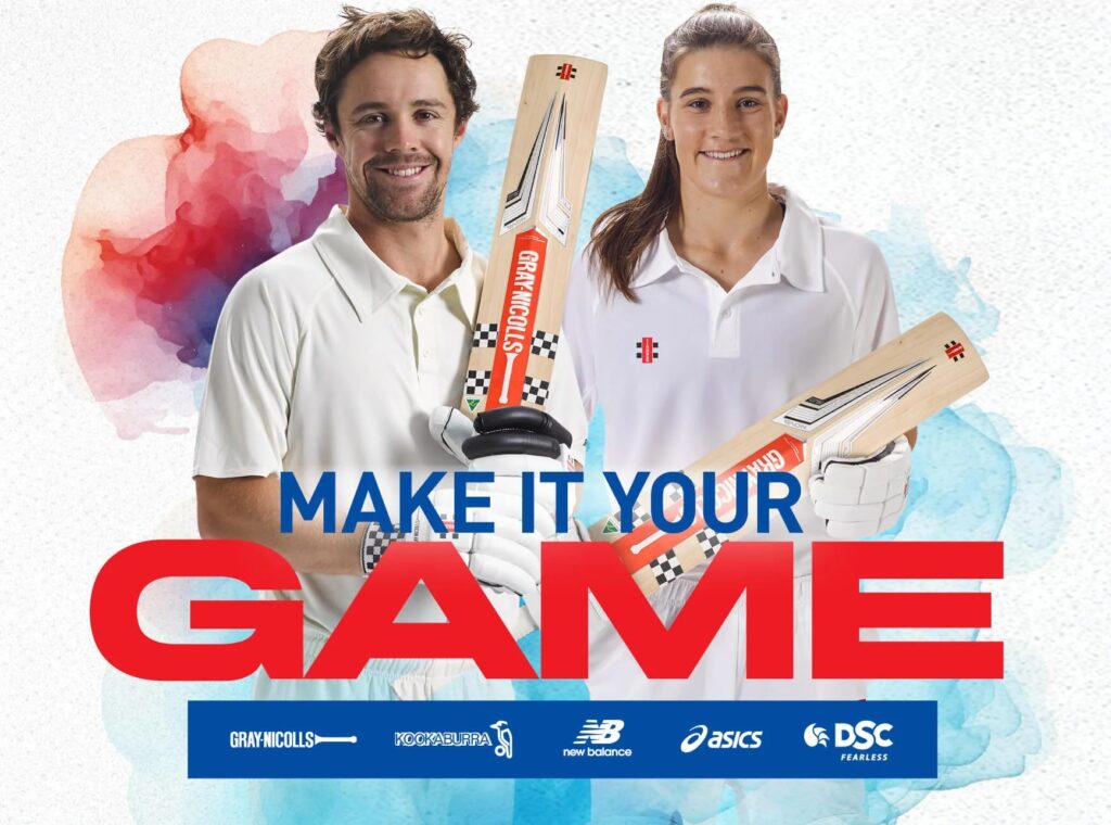 Two cricketers in white uniforms holding Gray-Nicolls cricket bats, ready for the game. Featuring brands like Kookaburra, New Balance, Asics, and DSC. Elevate your health and fitness with top-quality cricket gear from www.waiteandsea.com.au.
